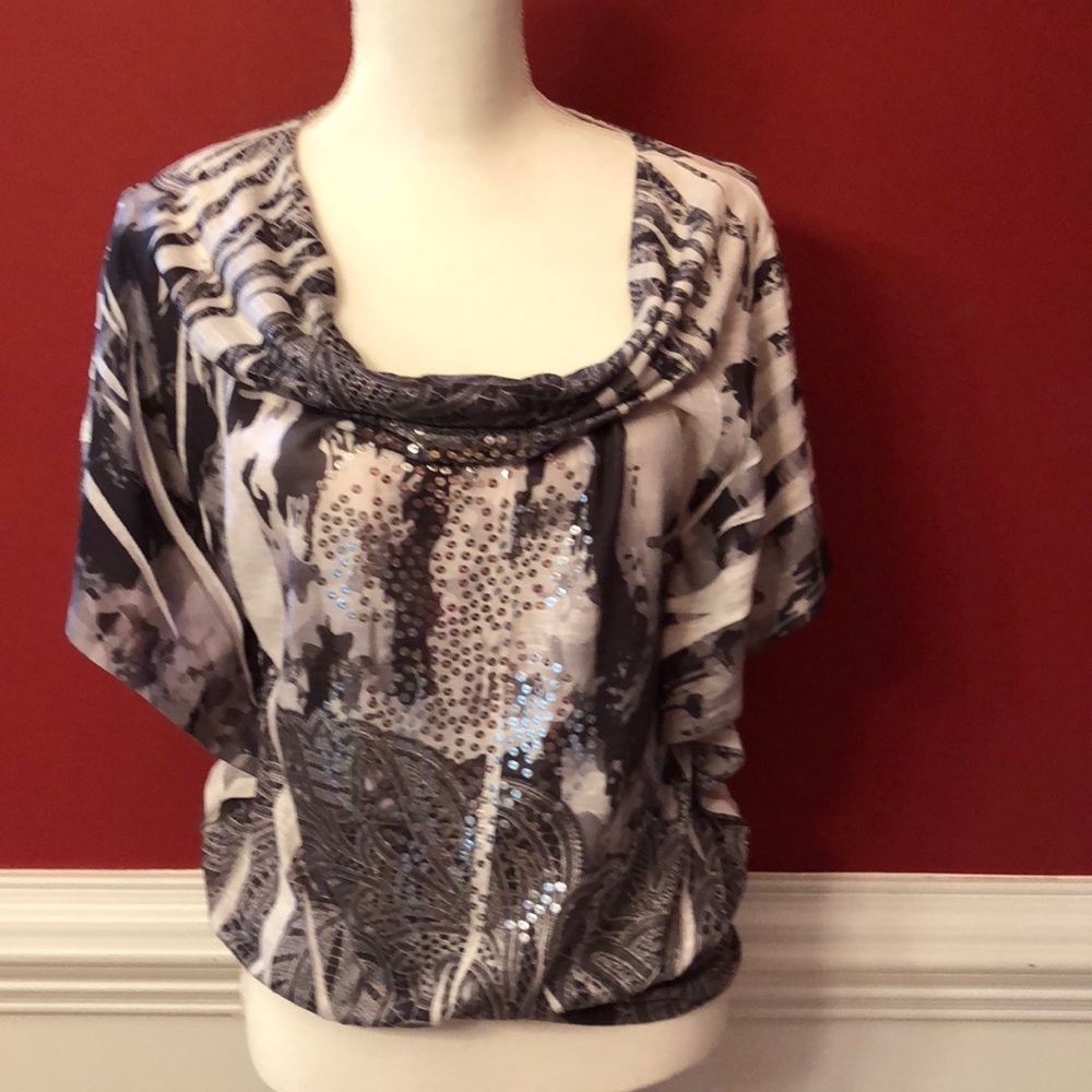 Draped neck bat wing blouse with sequins